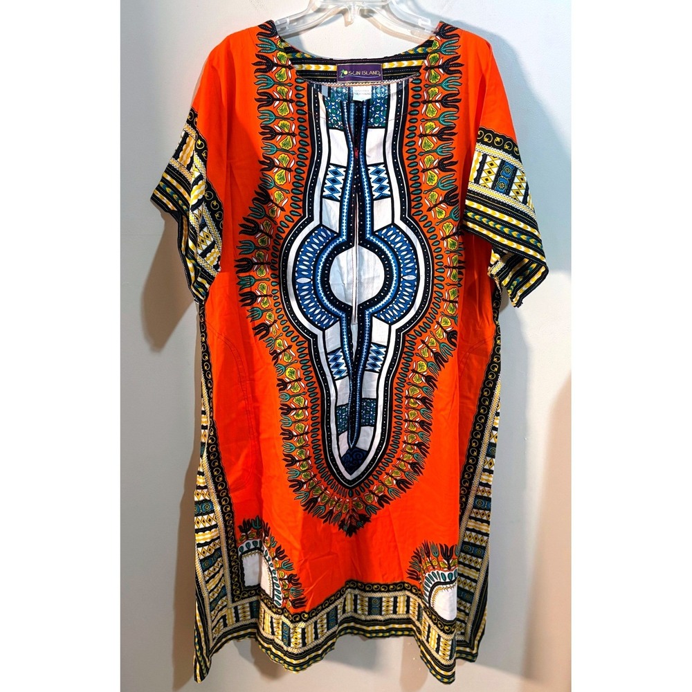 SUN ISLAND Orange‎ Dashiki Dress Tunic 100% Cotton Tribal Print Kaftan